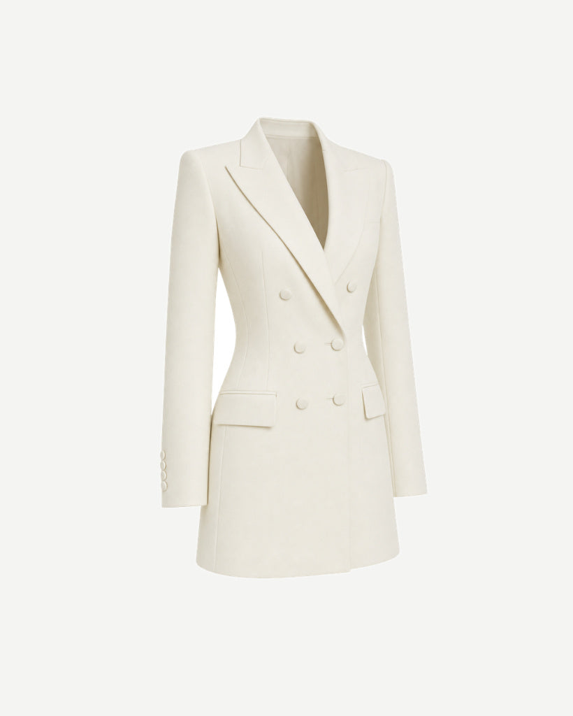 The Tailory New York cream Loro Piana cashmere silk blazer dress three quarter view