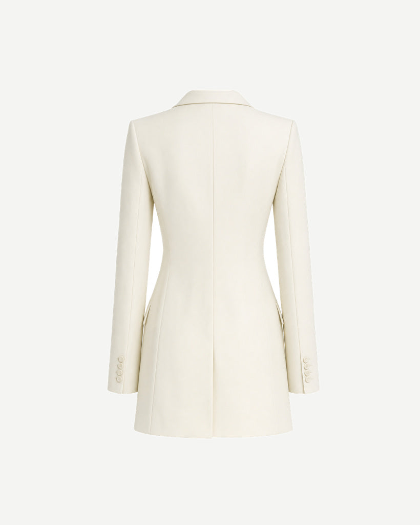 The Tailory New York cream Loro Piana cashmere silk blazer dress back view