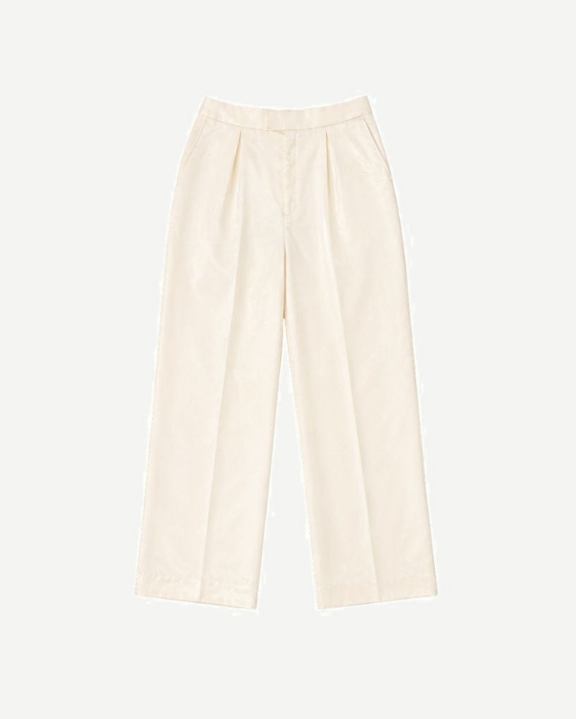 Cream Pleated Silk Satin Trousers
