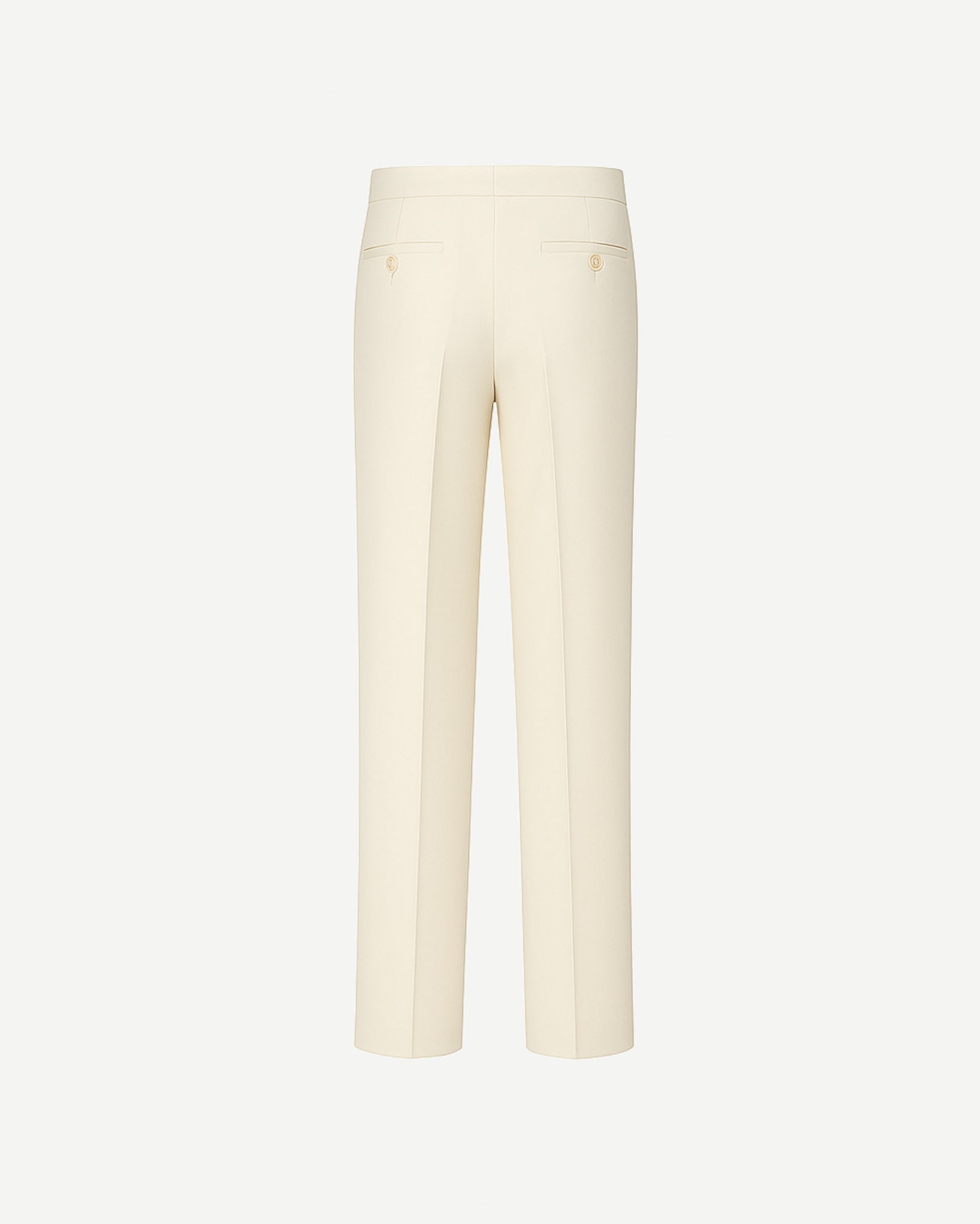 Cream Loro Piana Men's Wide-Leg Trousers displayed from the back, featuring a tailored fit with rear buttoned welt pockets and crafted in luxurious cream fabric for refined men's suiting.