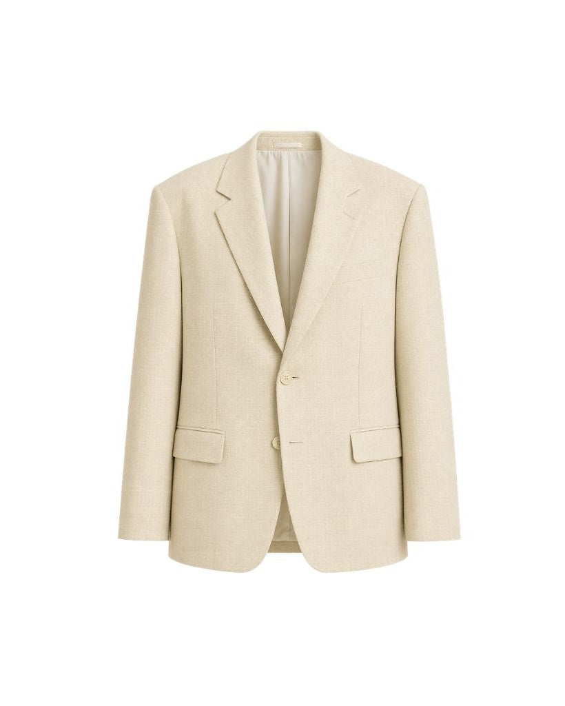 Cream Wool and Linen Blend Summer Wedding Blazer in a soft beige hue, featuring a tailored silhouette with notch lapels and flap pockets, crafted for breathable, elegant summer suiting.