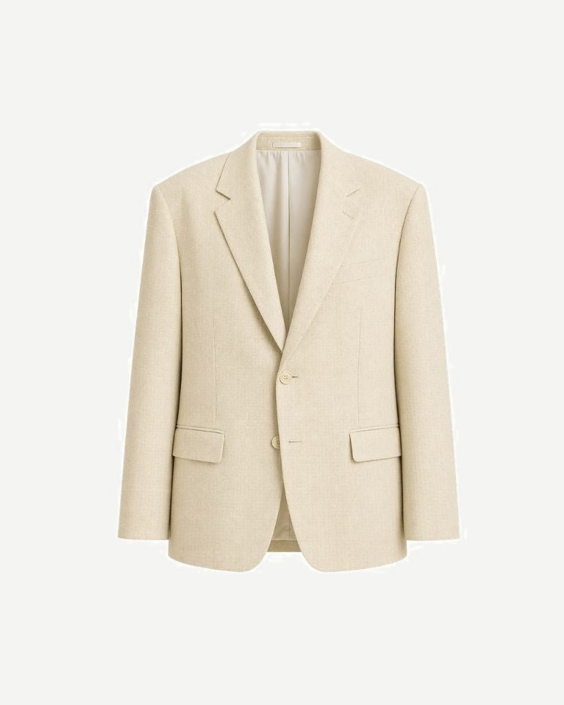 Cream Wool and Linen Blend Summer Wedding Blazer in a soft beige hue, featuring a tailored silhouette with notch lapels and flap pockets, crafted for breathable, elegant summer suiting.