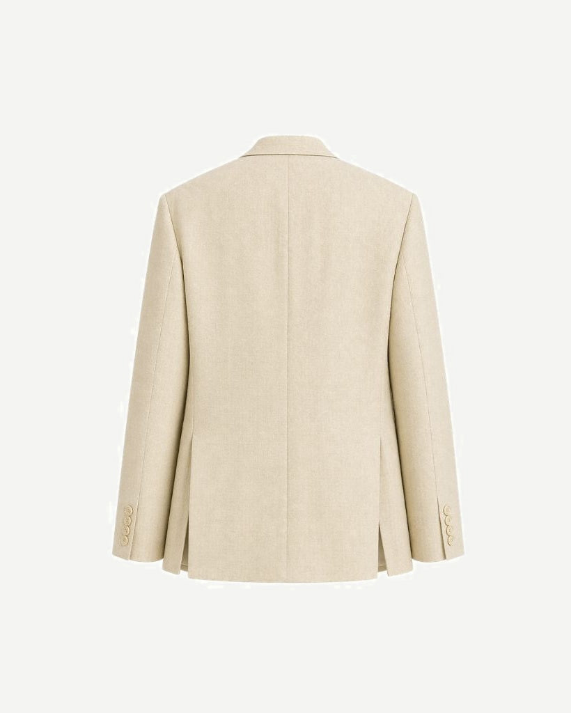 Back view of the Cream Wool and Linen Blend Summer Wedding Blazer showcasing its clean lines, structured tailoring, and lightweight fabric designed for elegant warm-weather dressing.
