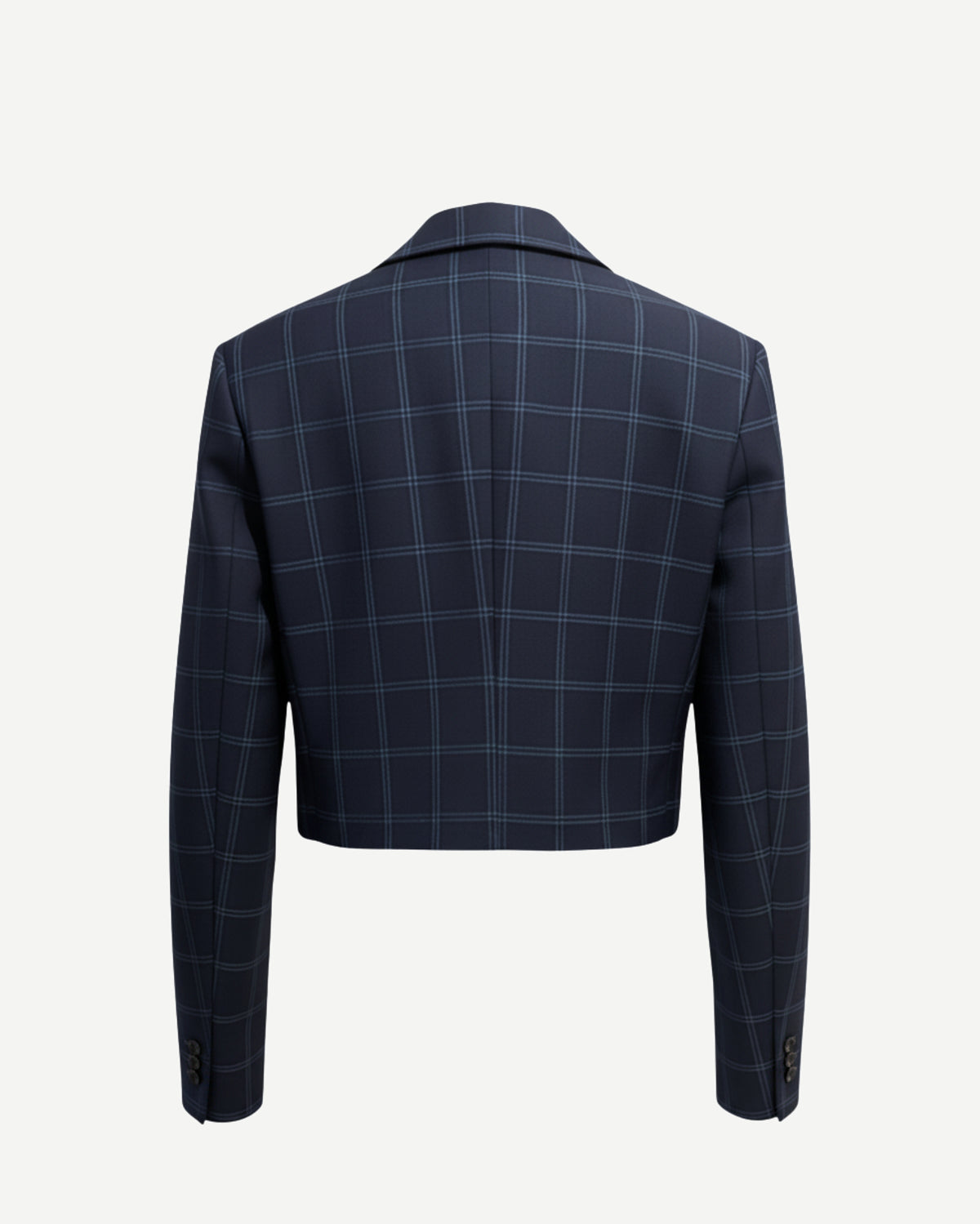 Tailory navy windowpane cropped double-breasted jacket back view