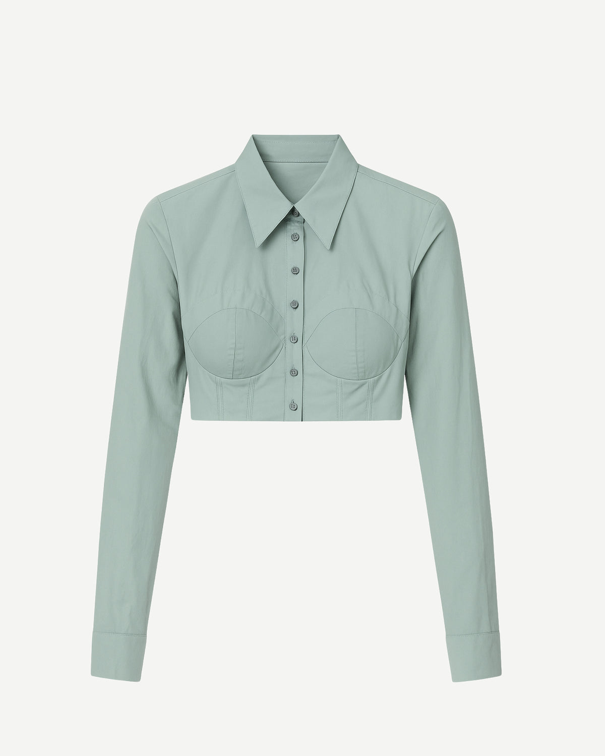 Tailory green cropped button-down shirt front view with structured bust and long sleeves