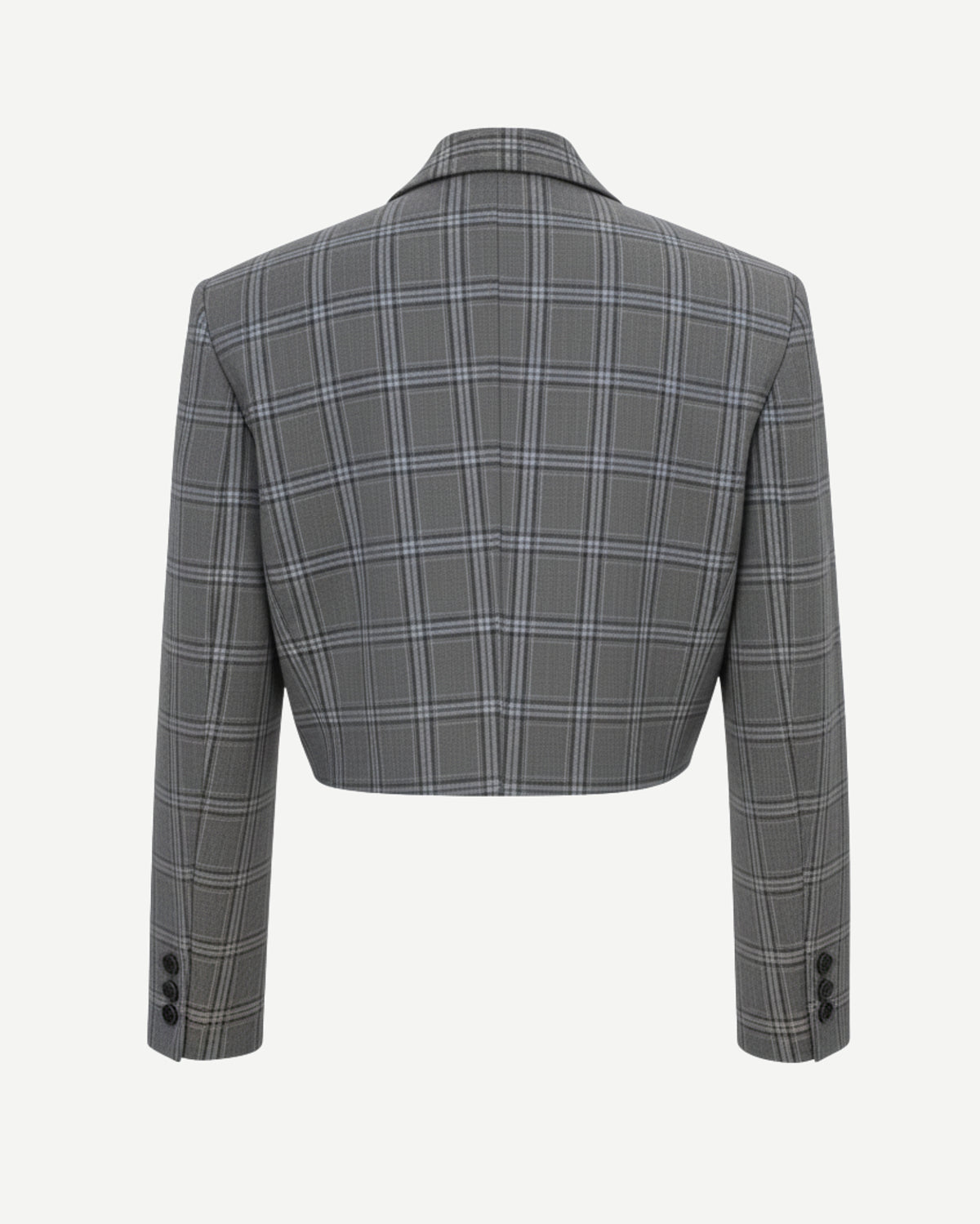 Tailory grey glen plaid cropped double-breasted blazer back view