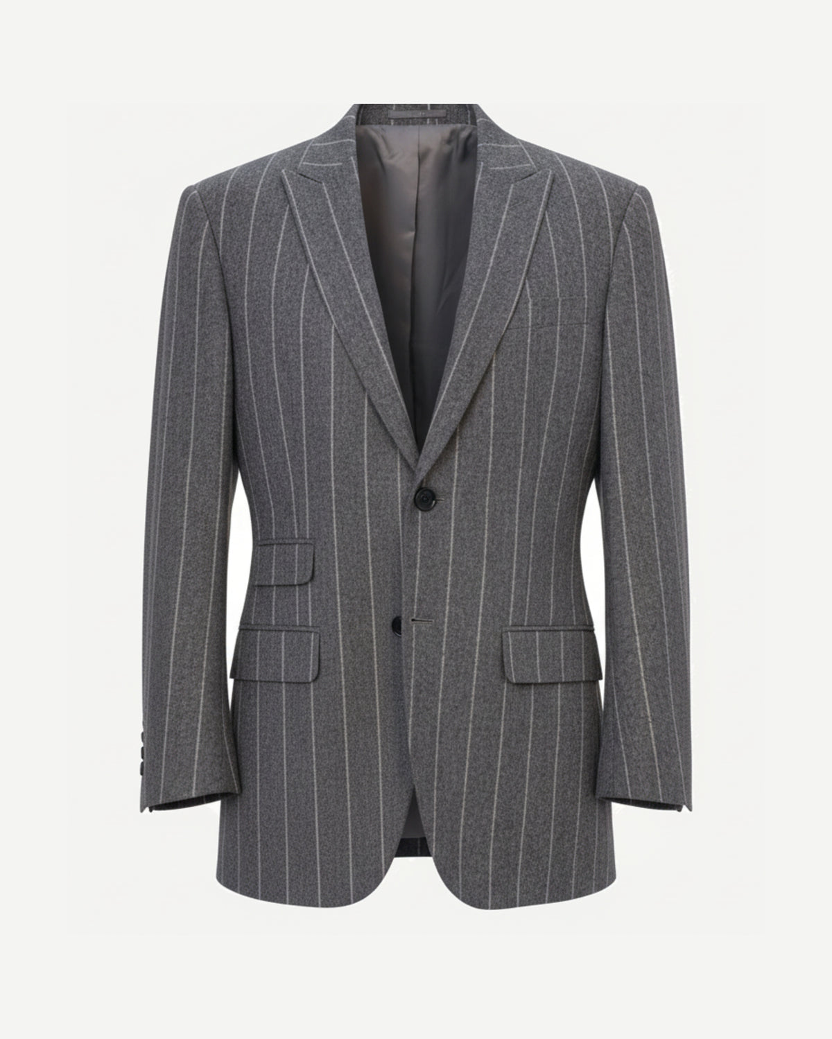 Tailory charcoal white pinstripe cropped tailored blazer with notch lapels front view