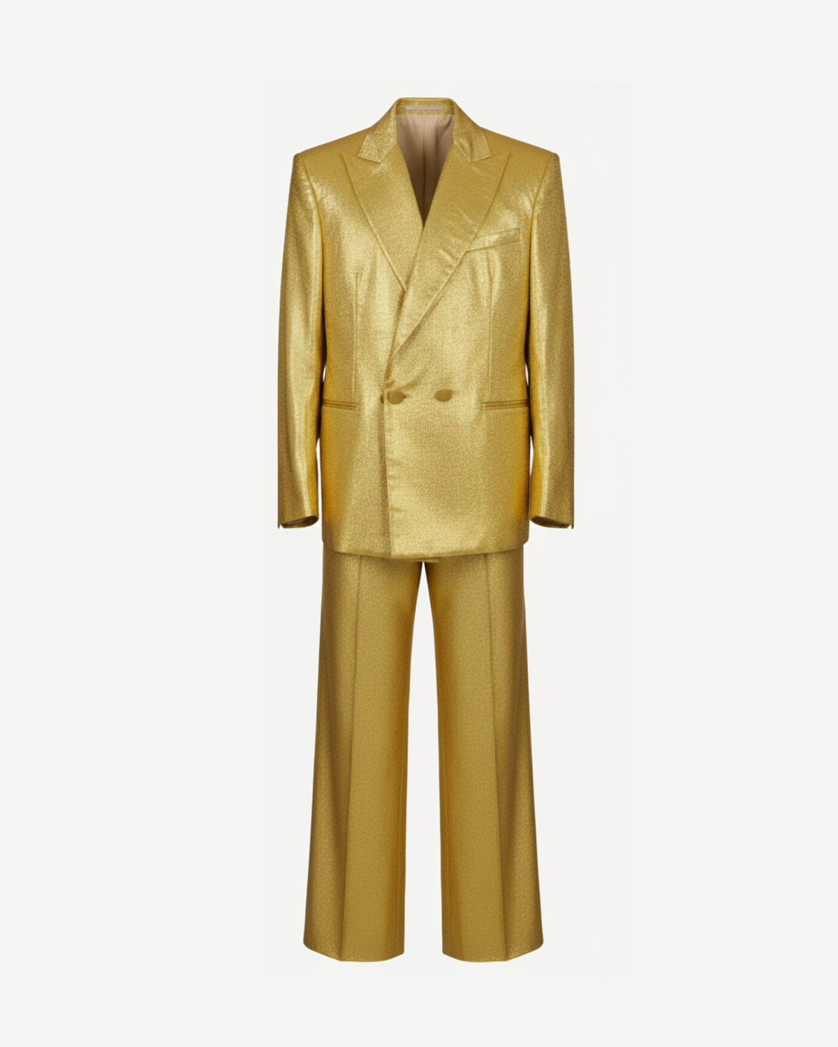 Gold silk lamé tailored blazer and trouser, front view