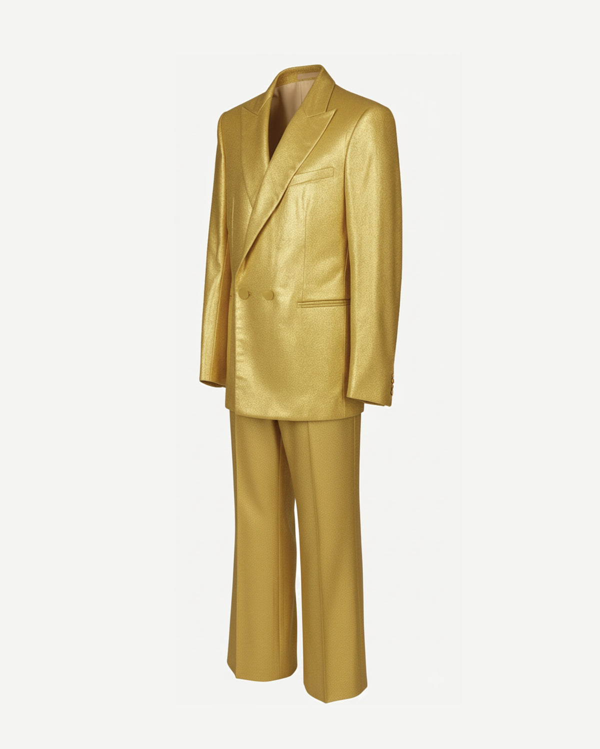 Gold silk lamé suit full look, standing view