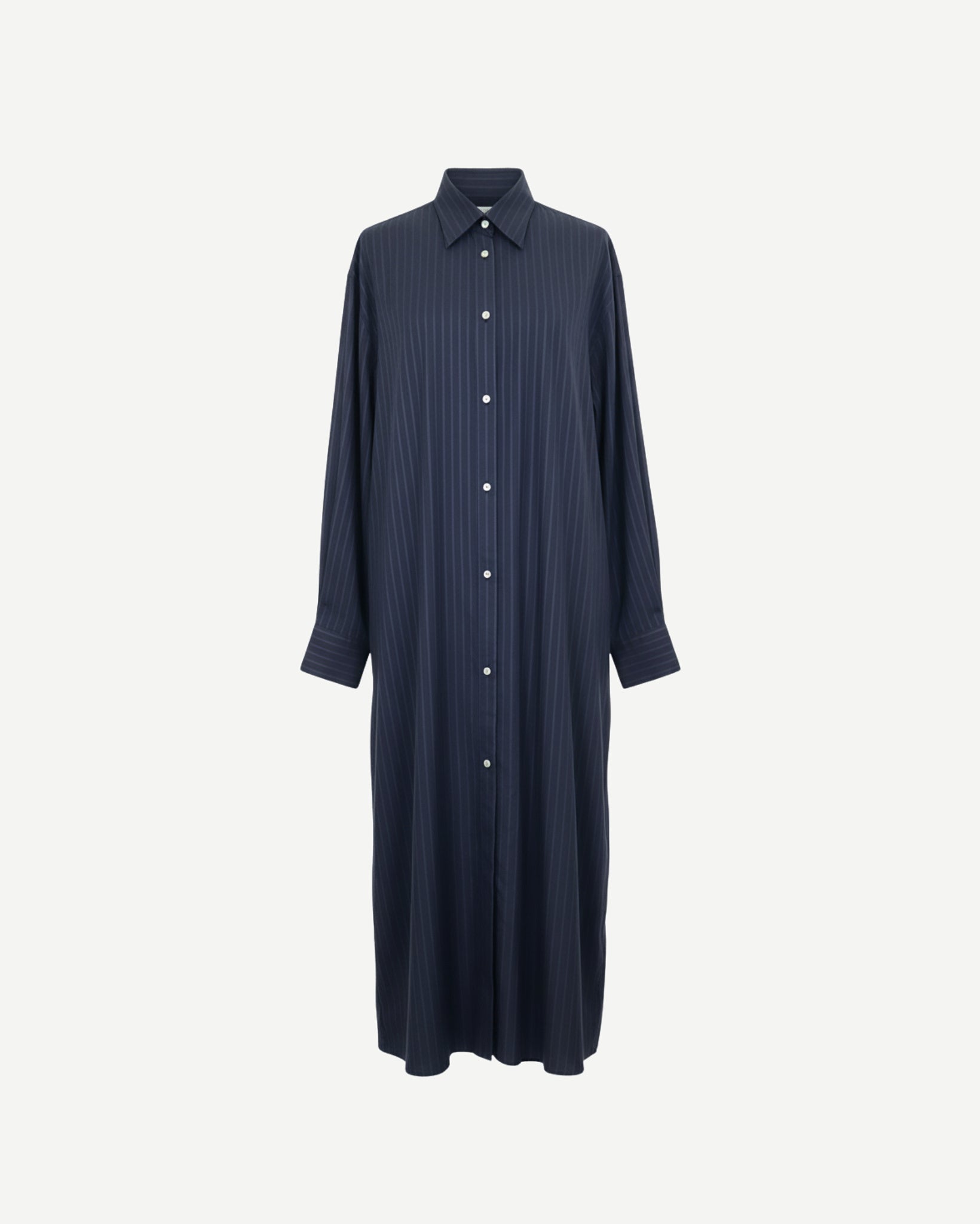 Front view of Tailory navy pinstripe maxi shirt-dress with collared neckline