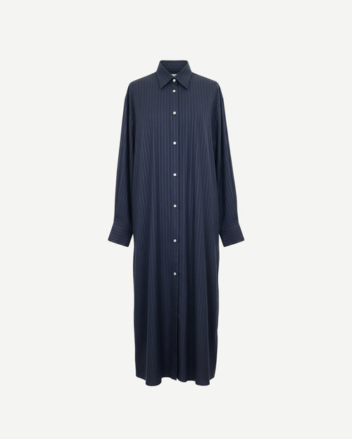 Front view of Tailory navy pinstripe maxi shirt-dress with collared neckline