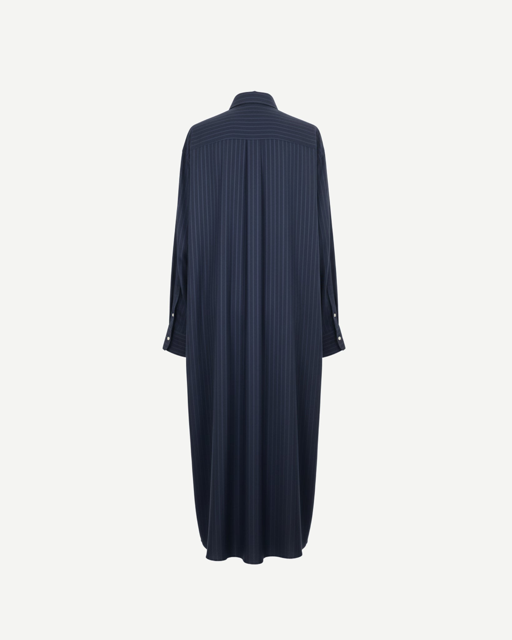 Back view of Tailory navy pinstripe maxi shirt-dress
