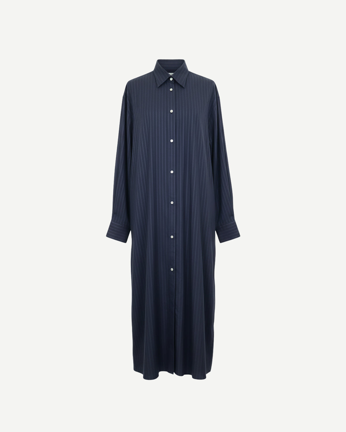 Front view of Tailory navy pinstripe maxi shirt-dress with collared neckline