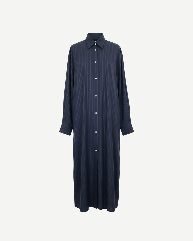 Front view of Tailory navy pinstripe maxi shirt-dress with collared neckline