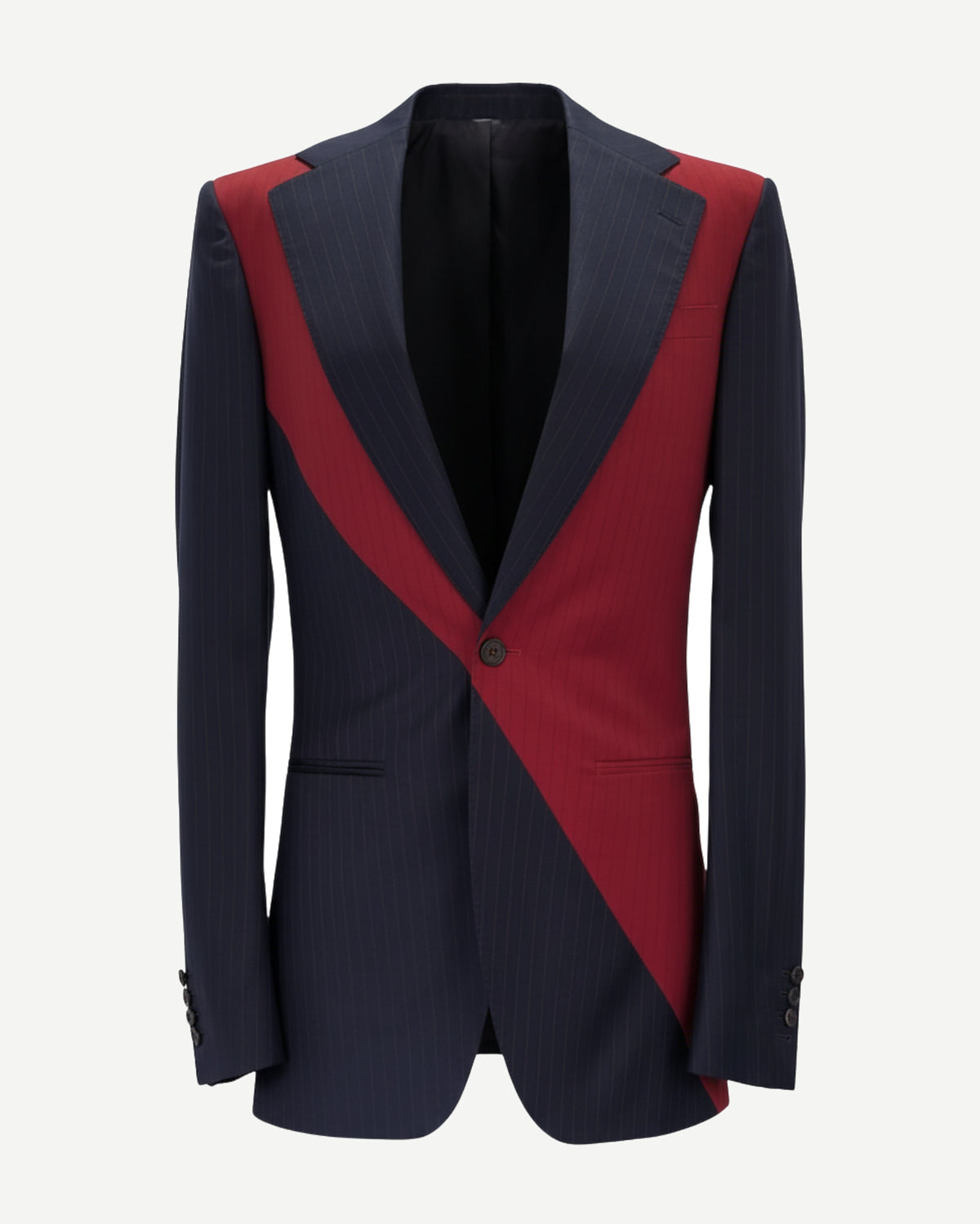 Diagonal Pinstripe Contrast Blazer featuring a striking blend of navy pinstripe and deep red panels, tailored with a single-button closure and sharp lapels for a bold, modern silhouette.