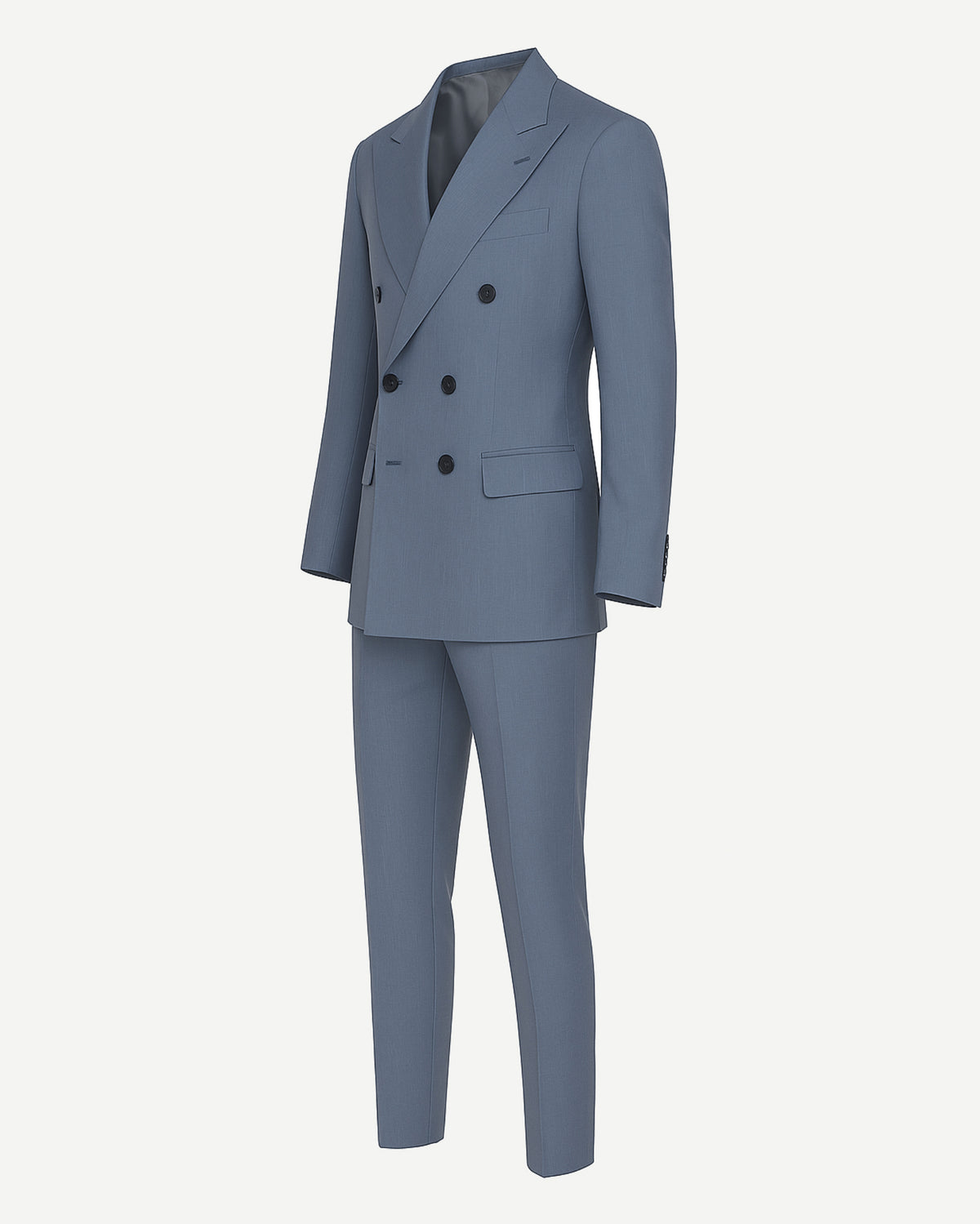Tailory powder blue double-breasted peak lapel suit side view