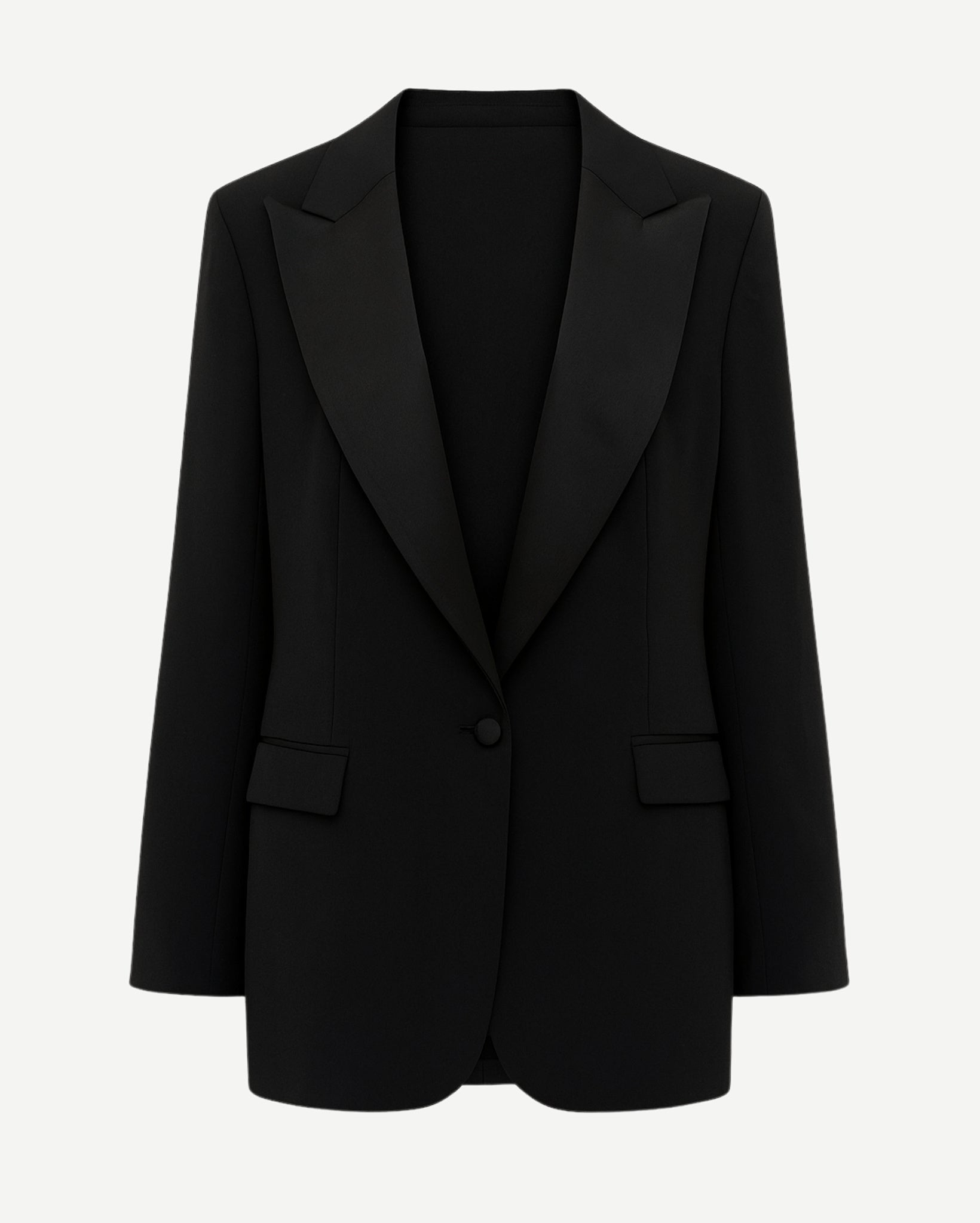 Tailory black oversized tuxedo blazer with exaggerated peak lapels front view