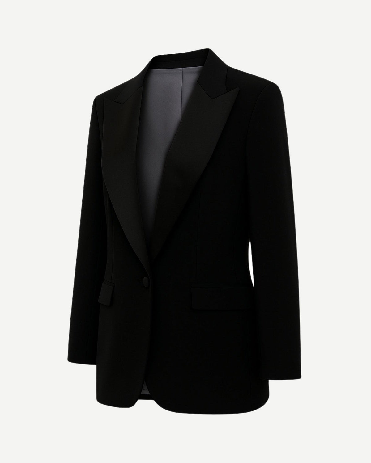 Black Oversized Tuxedo Jacket Exaggerated Peak Lapel Blazer featuring a relaxed fit, bold peak lapels in satin, single-button front closure, and flap pockets for sophisticated formalwear.