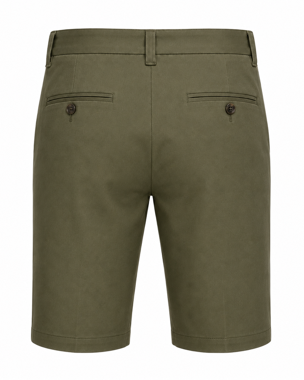 Men’s Loro Piana Tailored Bermuda Shorts in a rich olive green with a clean back design, featuring buttoned welt pockets and belt loops for refined summer leisurewear.