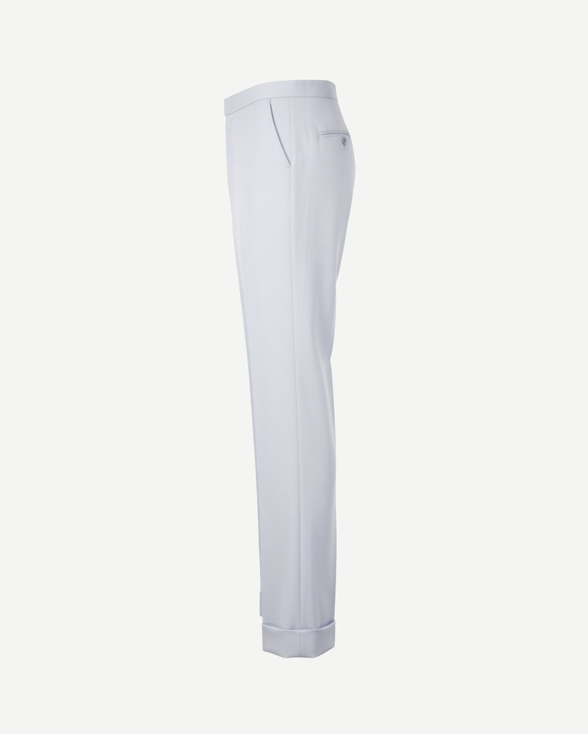 Tailory white fitted flared trousers side view showing front slit opening