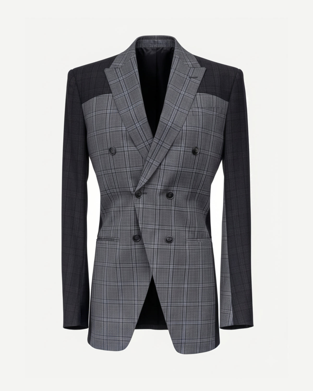 Tailory gray Glen plaid double-breasted peak-lapel blazer front view