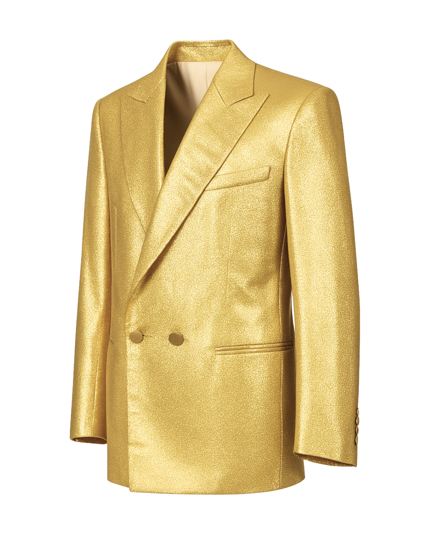 Gold silk lamé jacket side profile showing peak lapels.