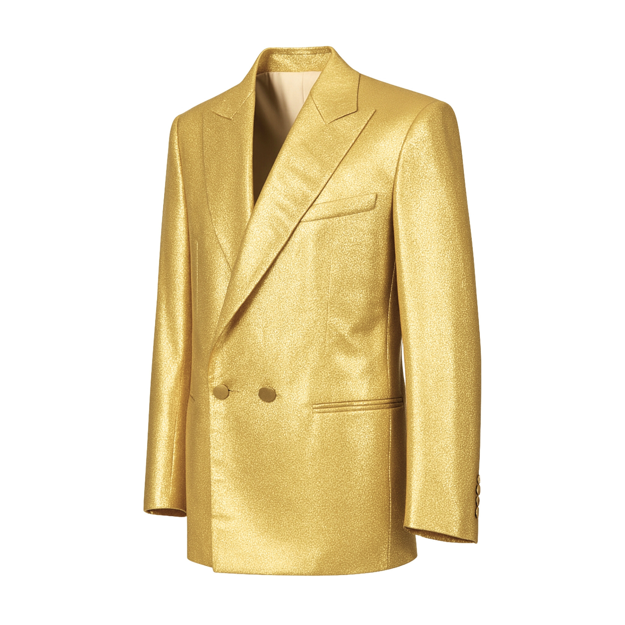 Gold silk lamé jacket side profile showing peak lapels.
