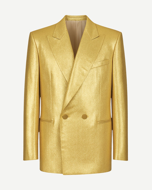 Gold silk lamé tailored jacket front view