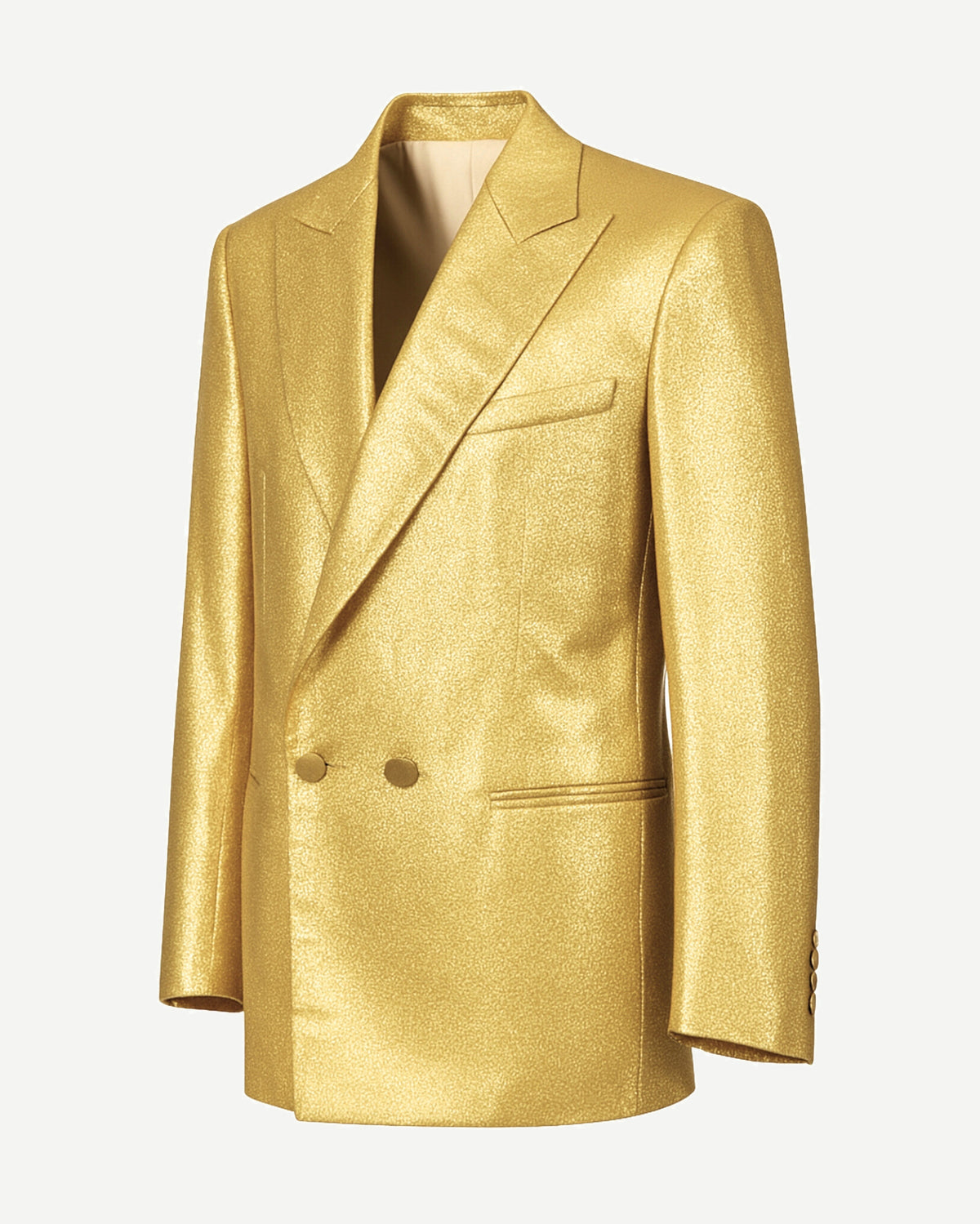 Gold silk lamé jacket side profile showing peak lapels.