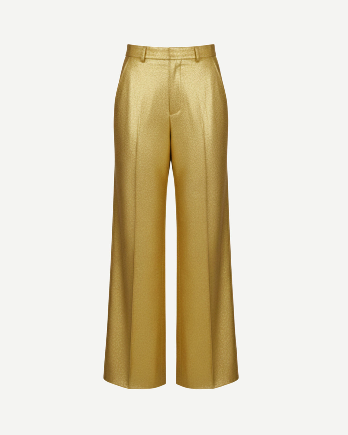 Gold silk lamé tailored trousers — front view