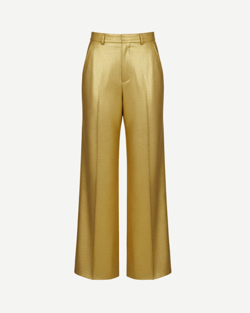 Gold silk lamé tailored trousers — front view