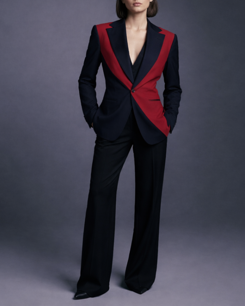 Front view of Navy and Red Pinstripe Graphic Jacket featuring a bold red panel accentuating the tailored navy silhouette with a modern lapel and single-button closure for striking evening wear.