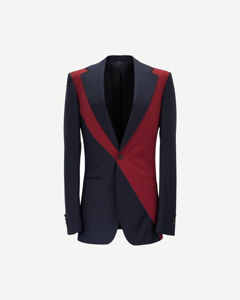 Front view of Navy and Red Pinstripe Graphic Jacket featuring a sharp single-button closure, an asymmetric red graphic overlay on classic navy pinstripe fabric, and tailored lapels for a bold, contemporary silhouette.