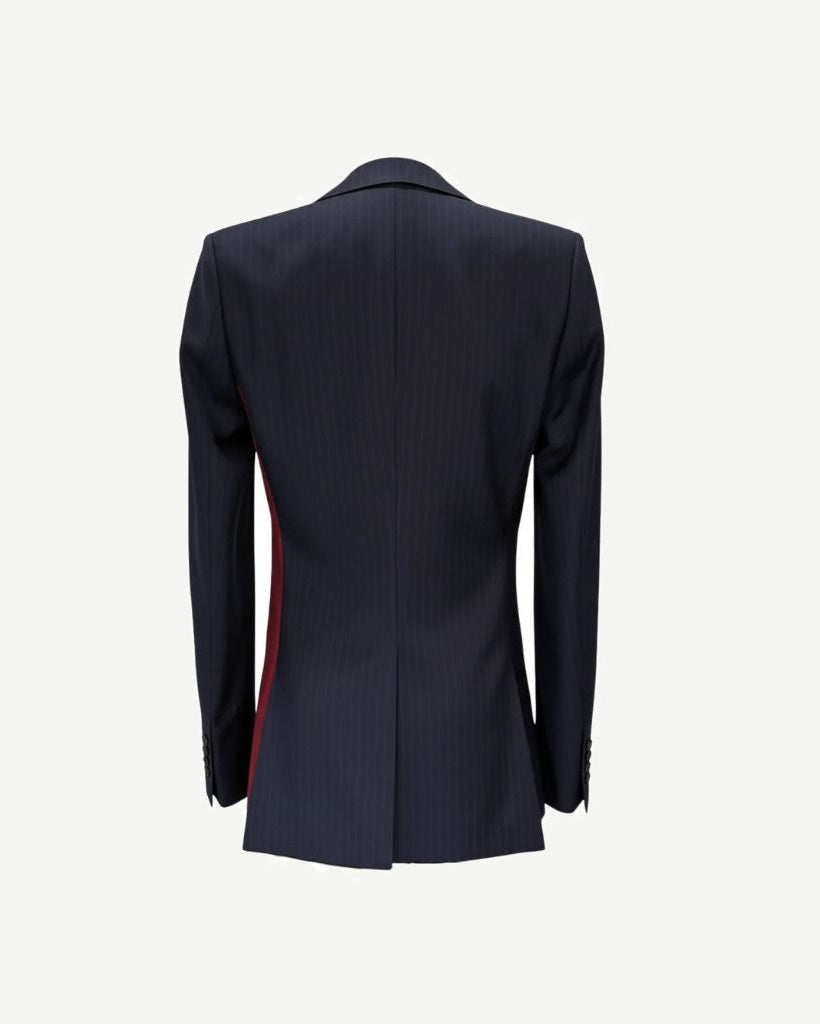 Back view of Navy and Red Pinstripe Graphic Jacket showcasing a tailored silhouette with a subtle pinstripe pattern and a bold red graphic detail on the side panel.