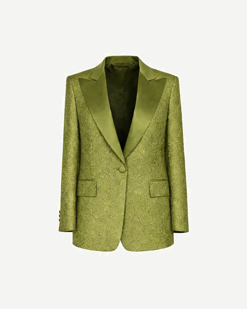 Front view of Green Floral Graphic Tuxedo Jacket featuring an intricate floral jacquard fabric with a satin peak lapel and single-button closure for elegant evening wear.