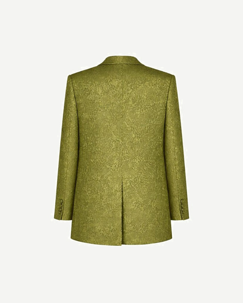 Rear view of Green Floral Graphic Tuxedo Jacket highlighting a tailored fit with subtle all-over floral jacquard texture and a single back vent for refined eveningwear style.