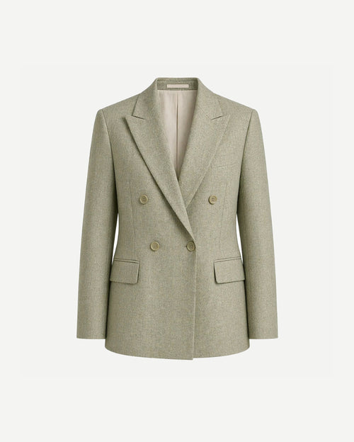 Sage Green Wool and Linen Blend Summer Wedding Blazer featuring a double-breasted front with peak lapels and flap pockets, crafted in lightweight breathable fabric ideal for warm-weather formalwear.