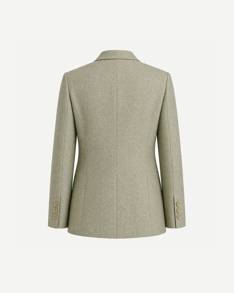 Back view of the Sage Green Wool and Linen Blend Summer Wedding Blazer, tailored with structured seams and buttoned cuffs for a refined, breathable summer suiting option.