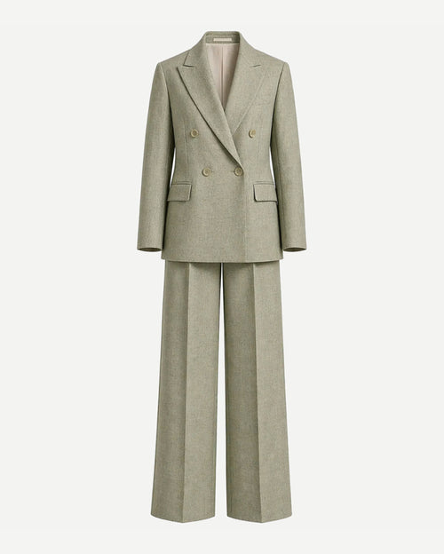 Sage Green Wool and Linen Blend Summer Wedding Two Piece Suit featuring a double-breasted blazer with peak lapels and wide-leg trousers crafted for elegant summer formalwear.