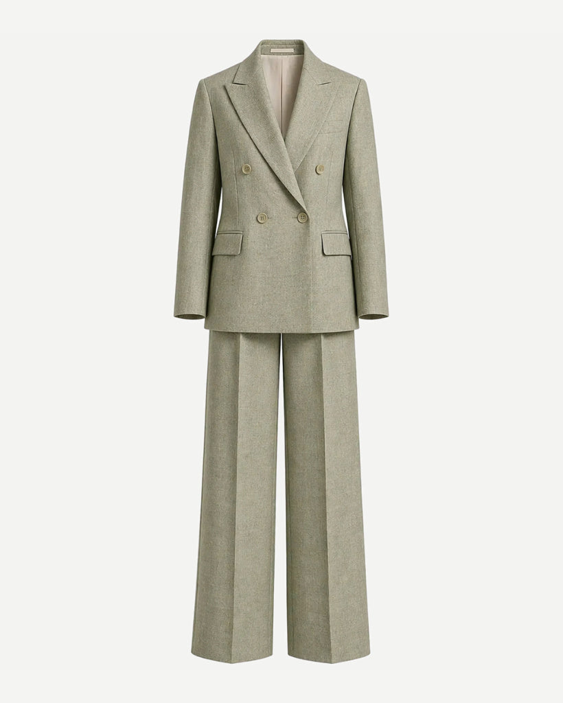 Sage Green Wool and Linen Blend Summer Wedding Two Piece Suit featuring a double-breasted blazer with peak lapels and wide-leg trousers crafted for elegant summer formalwear.
