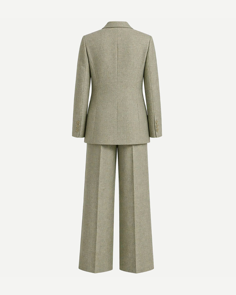 Sage Green Wool and Linen Blend Summer Wedding Two Piece Suit shown from the back, featuring a tailored blazer with buttoned cuffs and wide-leg trousers designed for elegant summer formalwear.