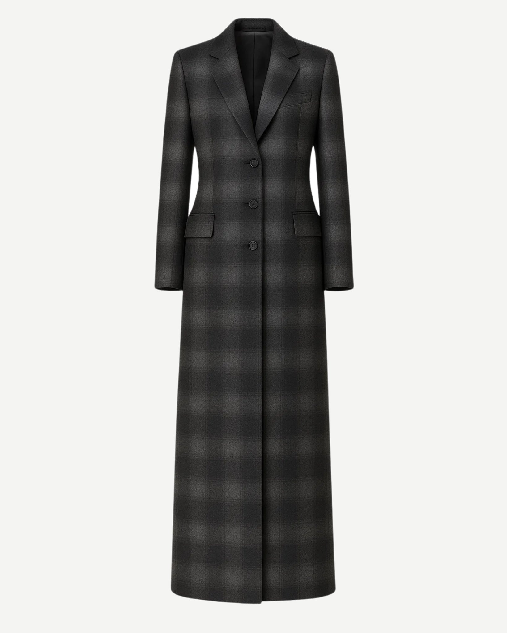Tailory grey black shadow plaid maxi overcoat front view