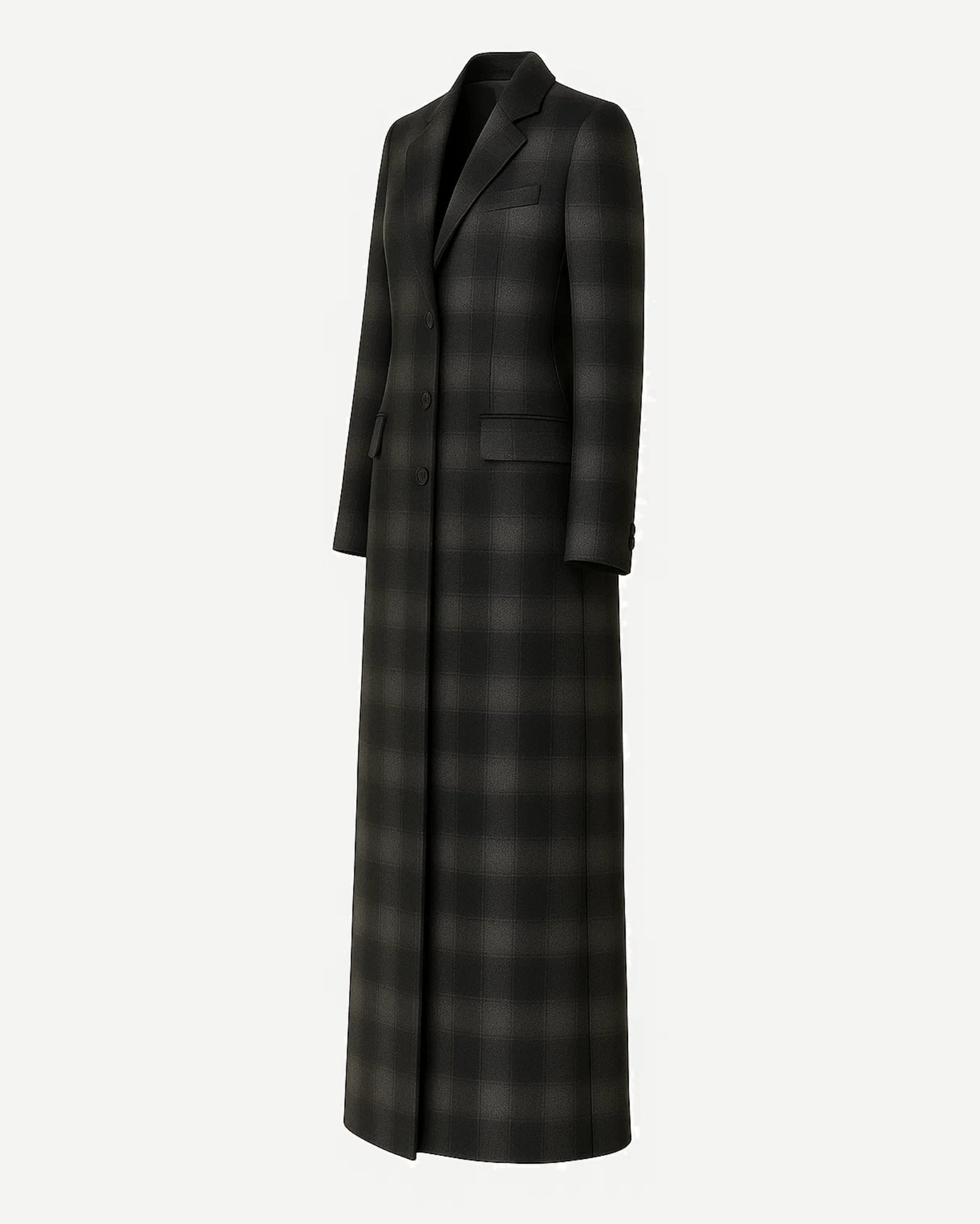 Tailory grey black shadow plaid maxi overcoat side  view