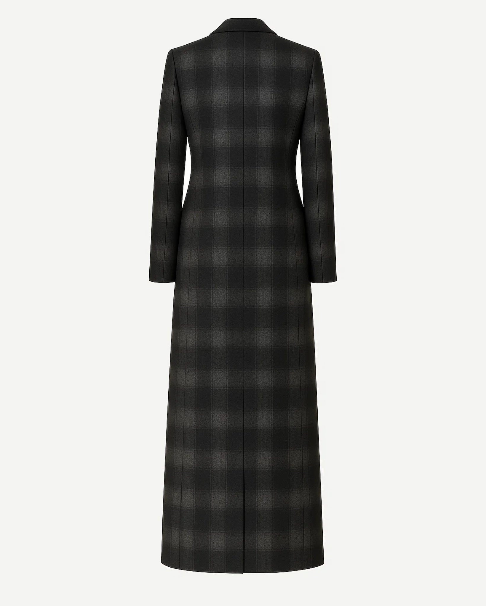 Tailory grey black shadow plaid maxi overcoat back view