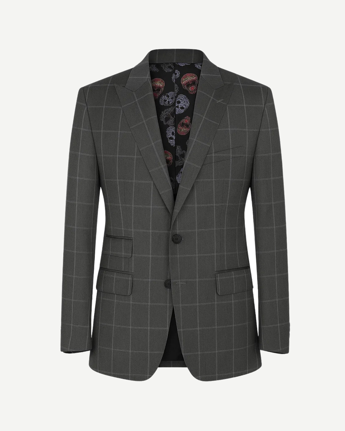 Grey & Blue Plaid Two-Button Tailored Jacket with Skull Lining in a sophisticated grey and blue windowpane pattern, featuring a slim fit silhouette and a bold skull-printed inner lining.