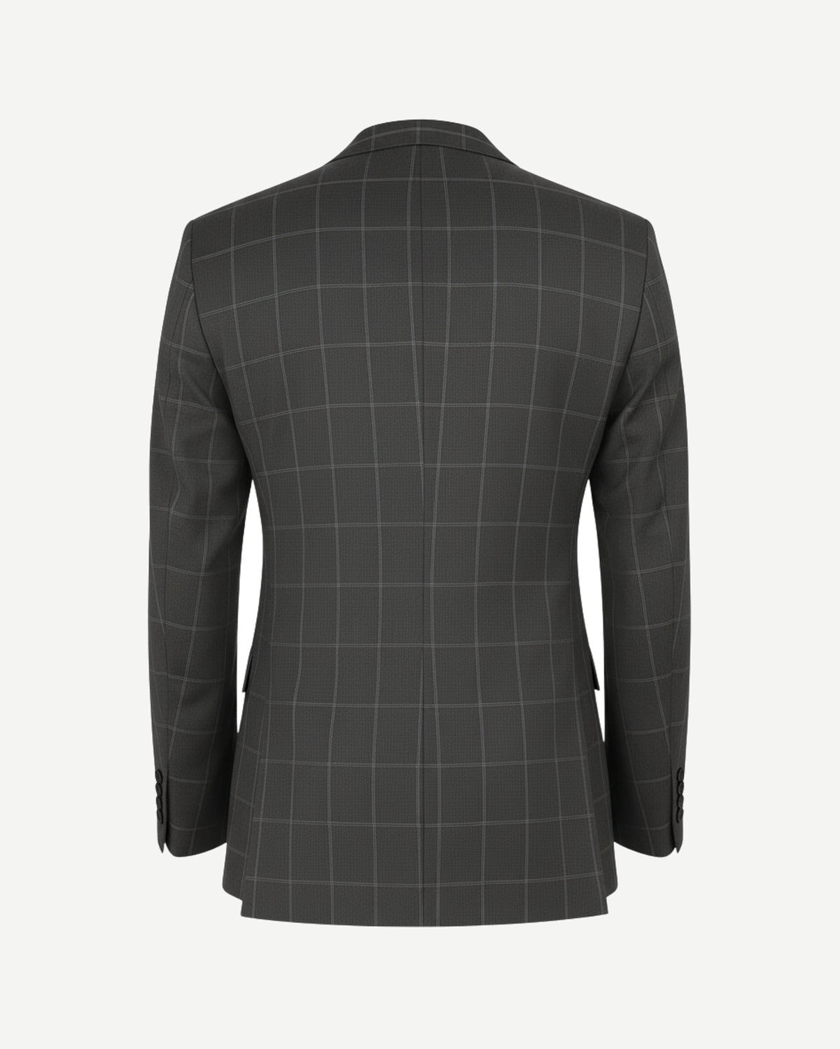 Back view of the Grey & Blue Plaid Two-Button Tailored Jacket with Skull Lining, showcasing its structured silhouette and classic windowpane plaid pattern in grey and blue tones.