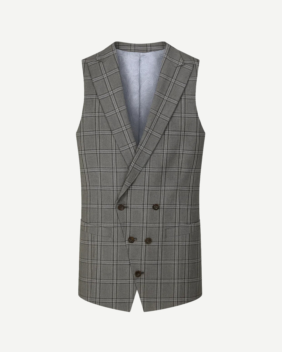 Tailory grey and navy plaid double-breasted vest front view