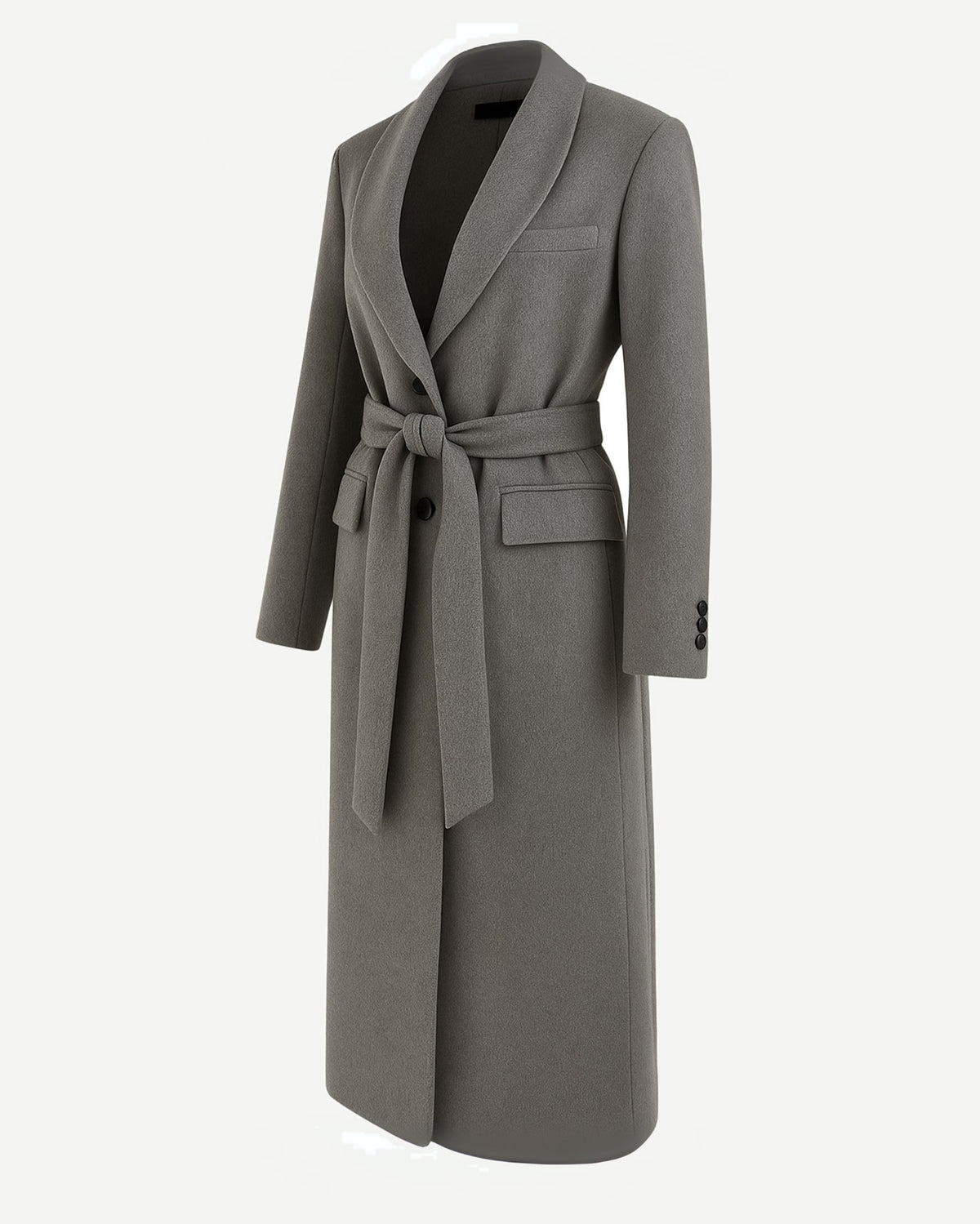 SAMPLE SALE | Loro Piana Grey Cashmere Overcoat With Belt featuring a long, tailored silhouette, shawl collar, and self-tie belt in luxurious grey cashmere for refined investment outerwear.