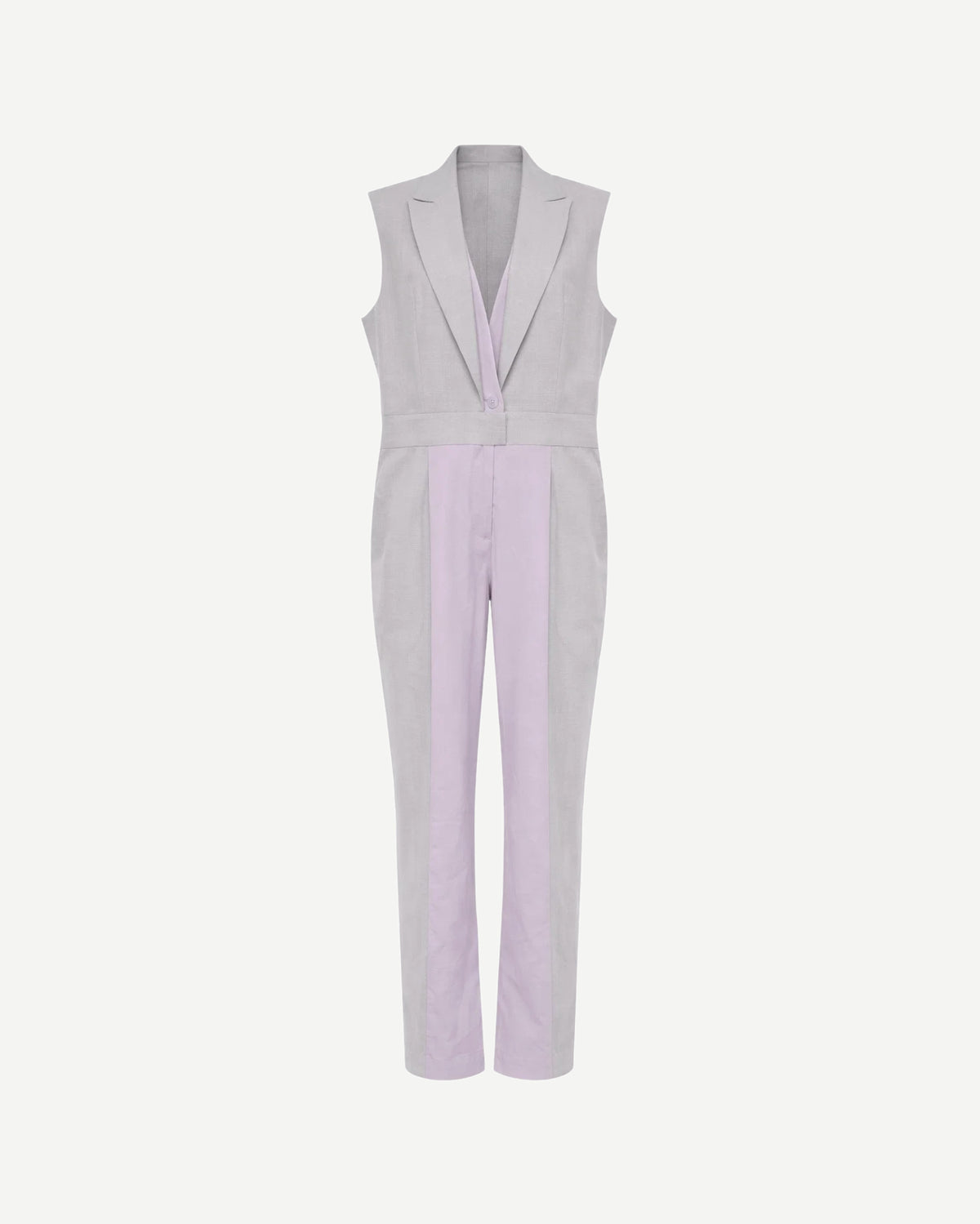 Tailory_Jumpsuit_GreyLilac_ColorBlock_Sleeveless_FrontView