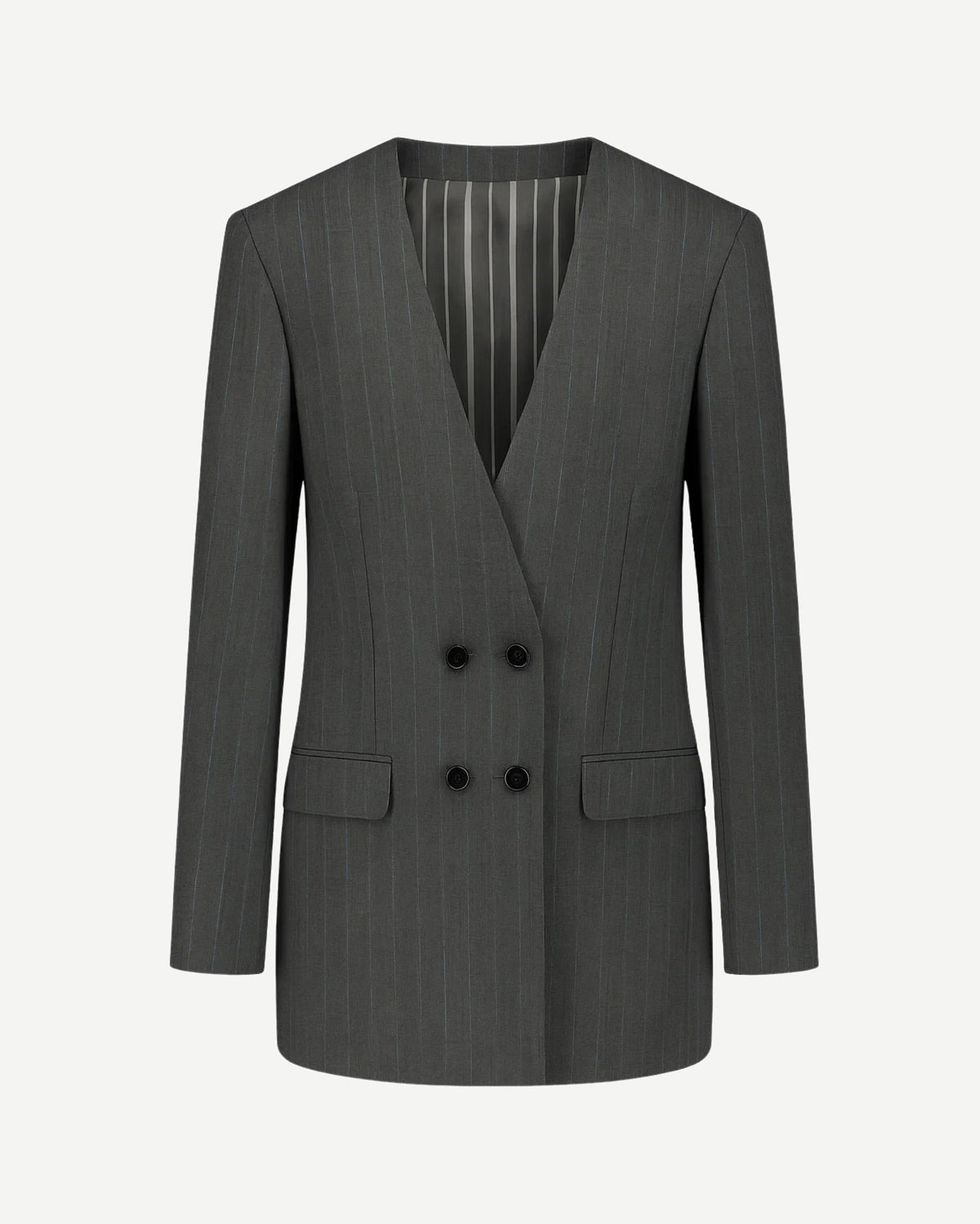Tailory grey pinstripe deep-V double-breasted blazer front view